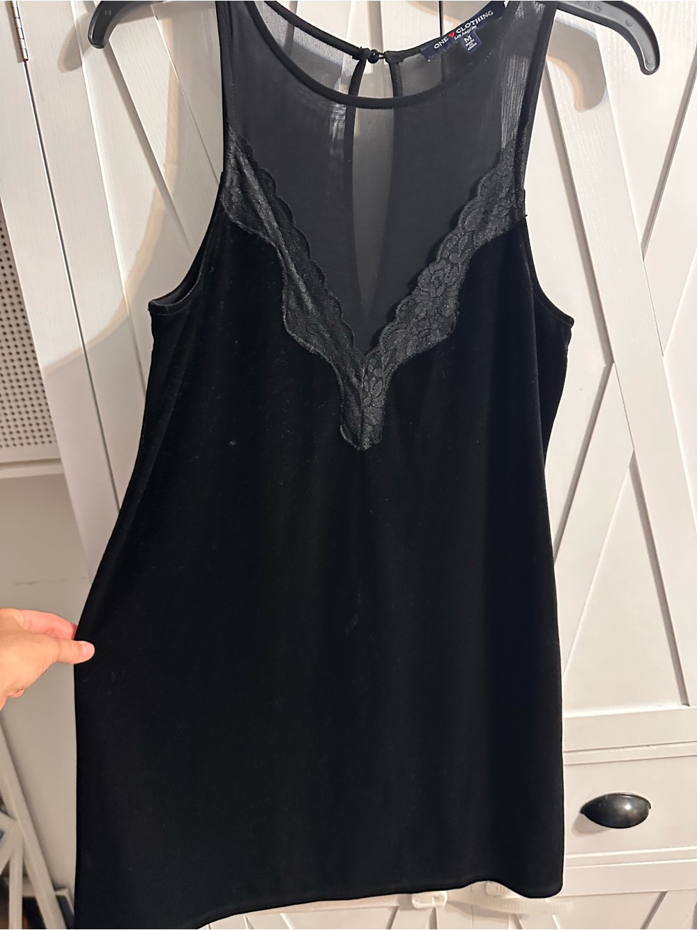 Sheer Yoke Velvet Mini Dress in Black - Women